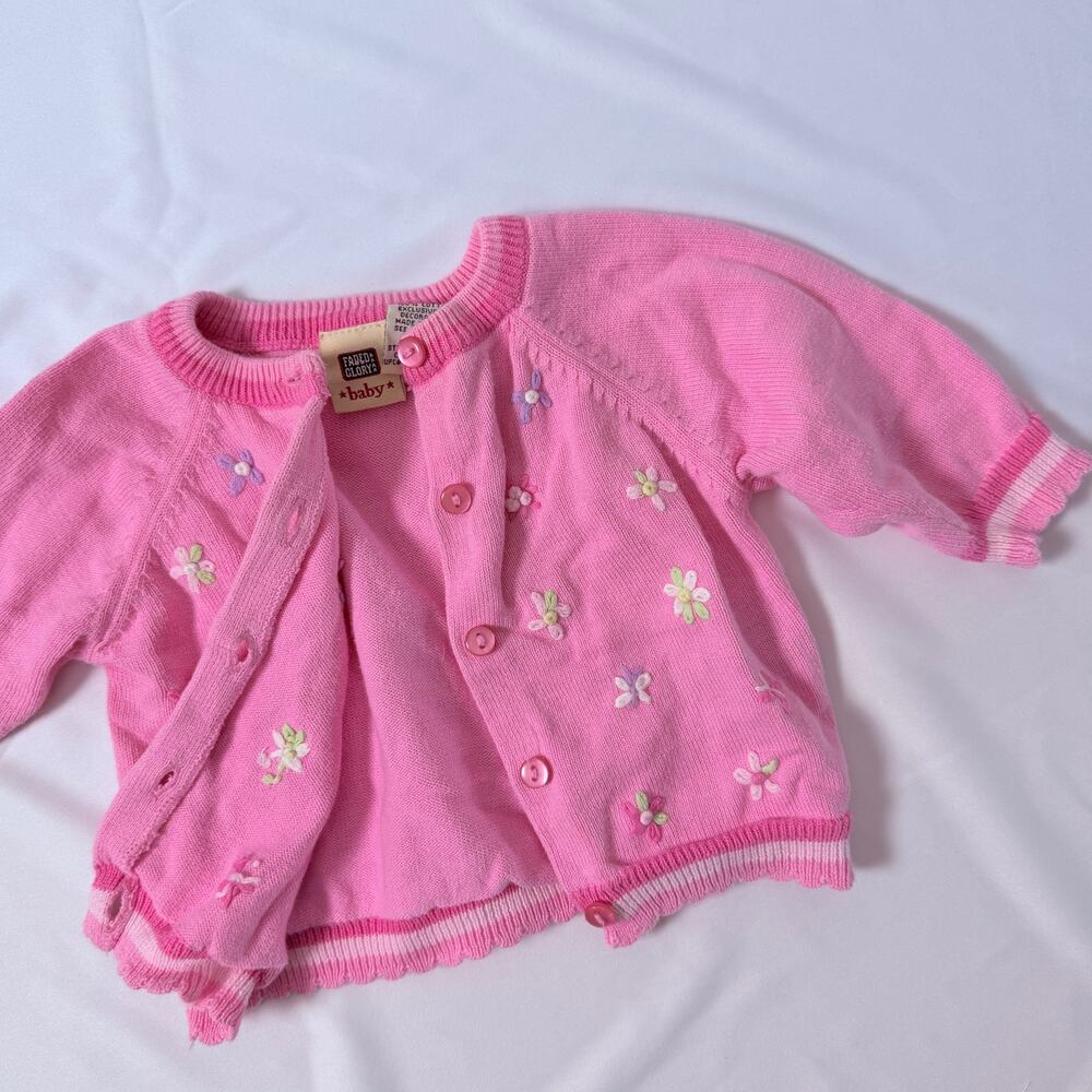 Vintage 90s Faded Glory Pink Floral Embroidered Button Up Cardigan Sz 0/3 mo